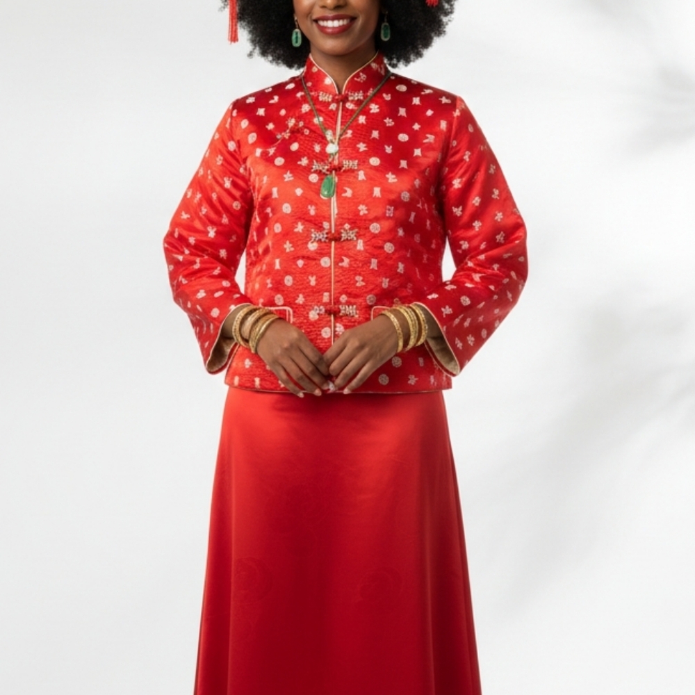 🩵Chinese  vintage women's  red and creme reversible jacket
